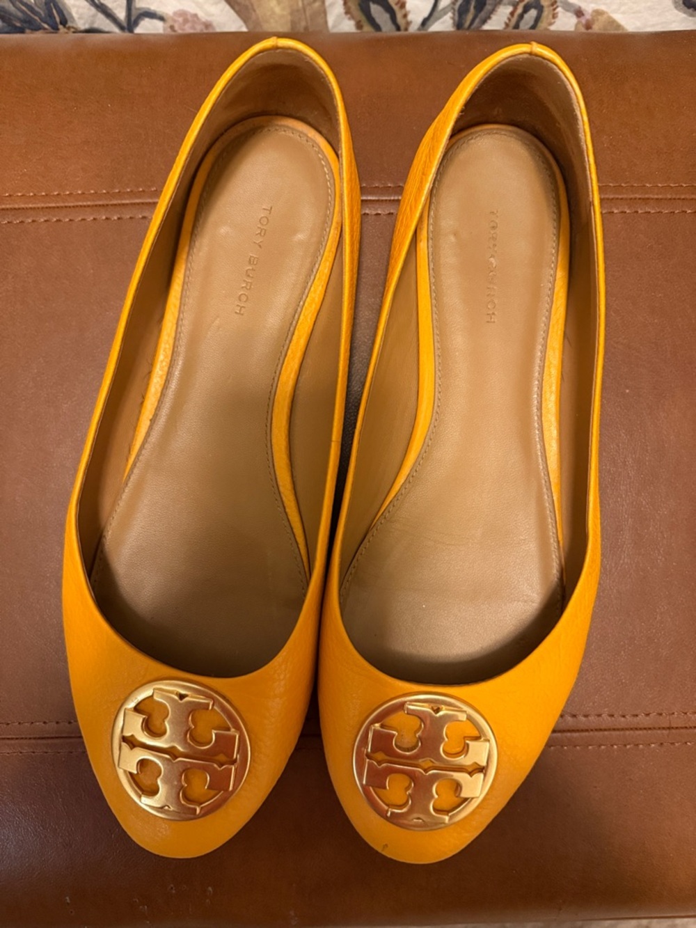 Tory Burch Bright yellow Leather Logo Round-Toe Flats